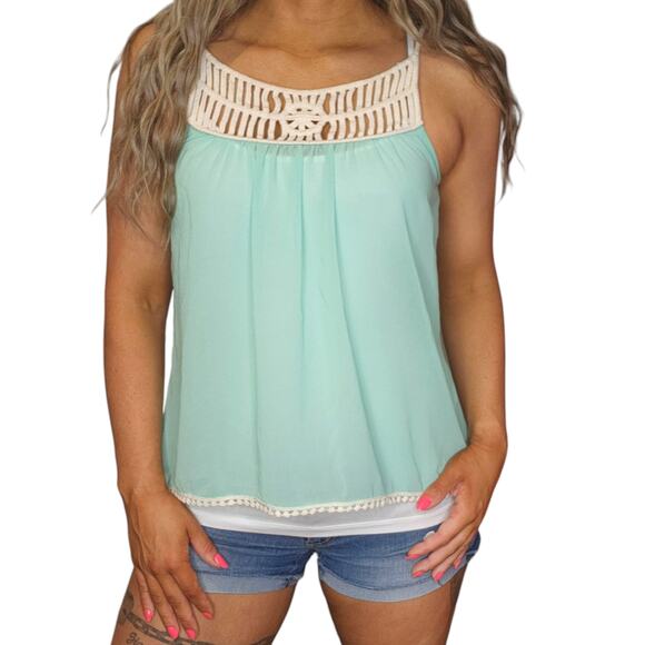 Mint Green Tank Top Womens Small White Sheer Boho Bohemian See Through Burnout - Picture 1 of 13